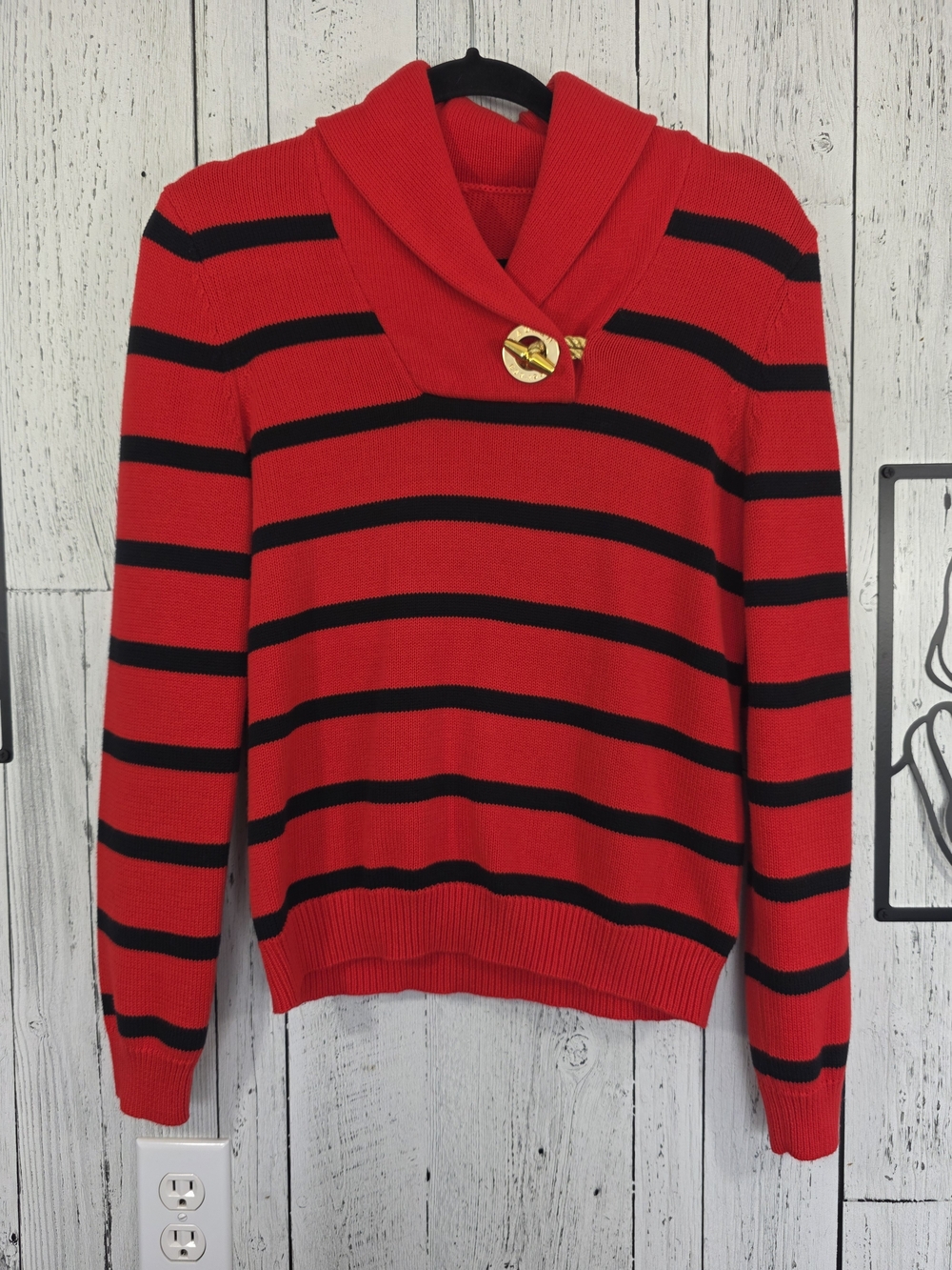 Lauren Ralph Lauren Red Black Striped Toggle Sweater M Est